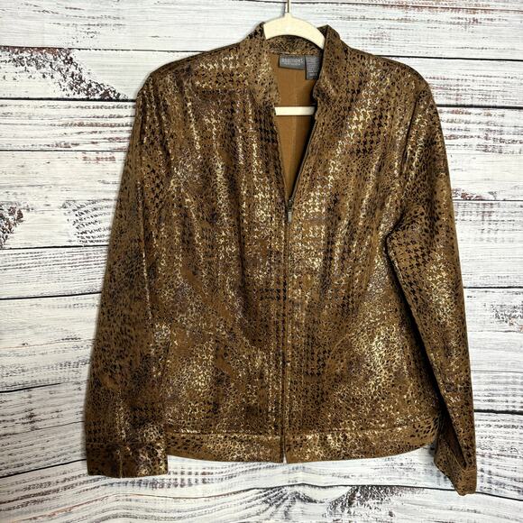 Chico’s Brown Gold Metallic Animal Print Zip Jacket Stretch US-L - Picture 1 of 3